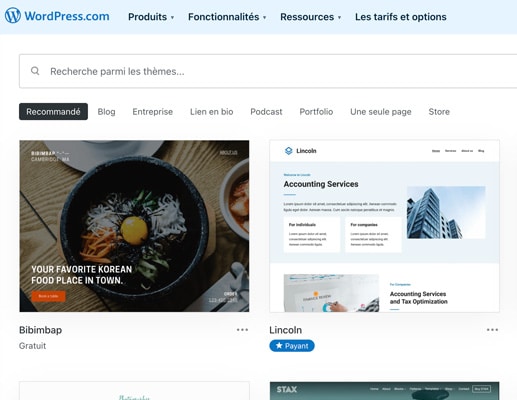 liste des themes sur wordpress.com